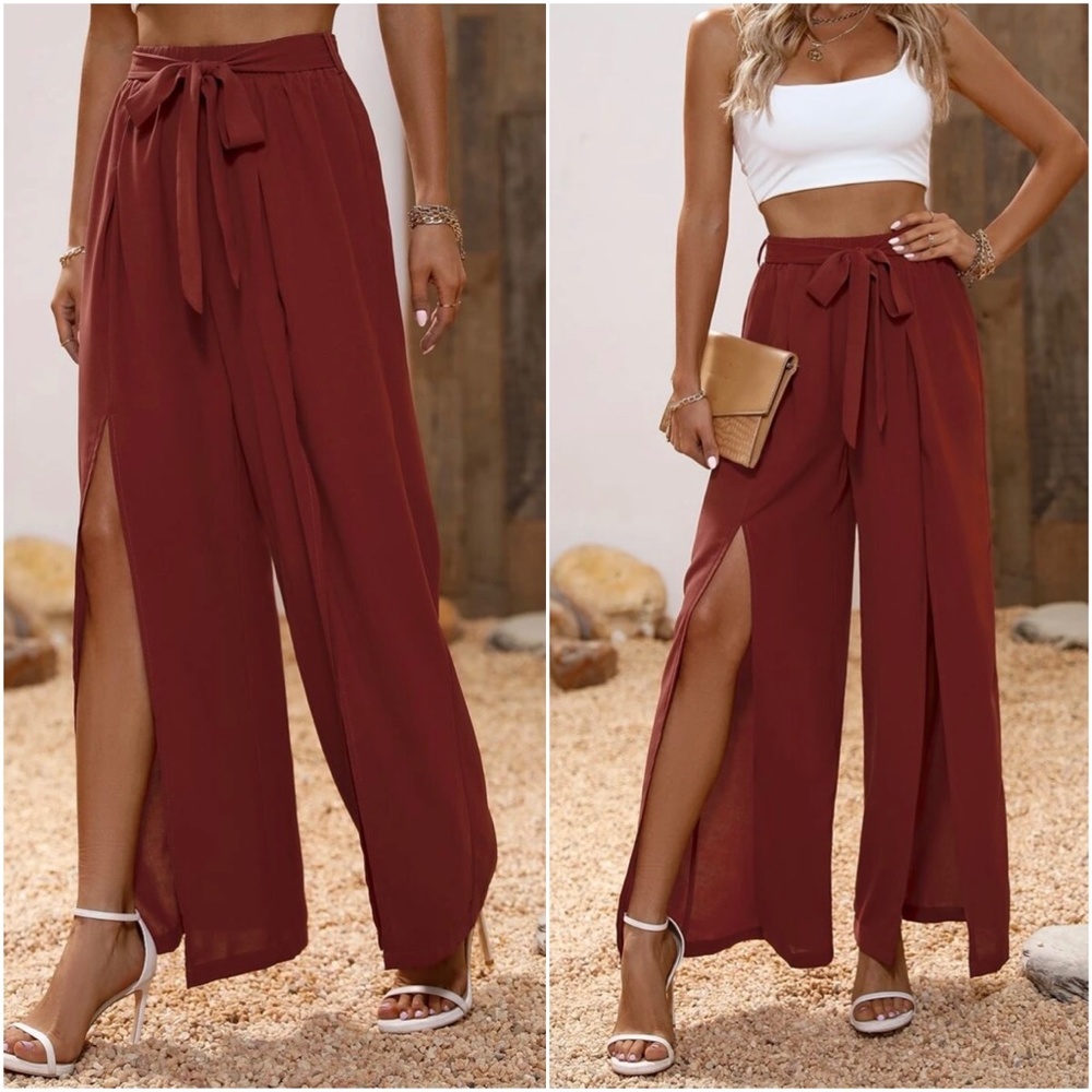Black Slit Leg Wide leg Chic Pants - Picture 6 of 9